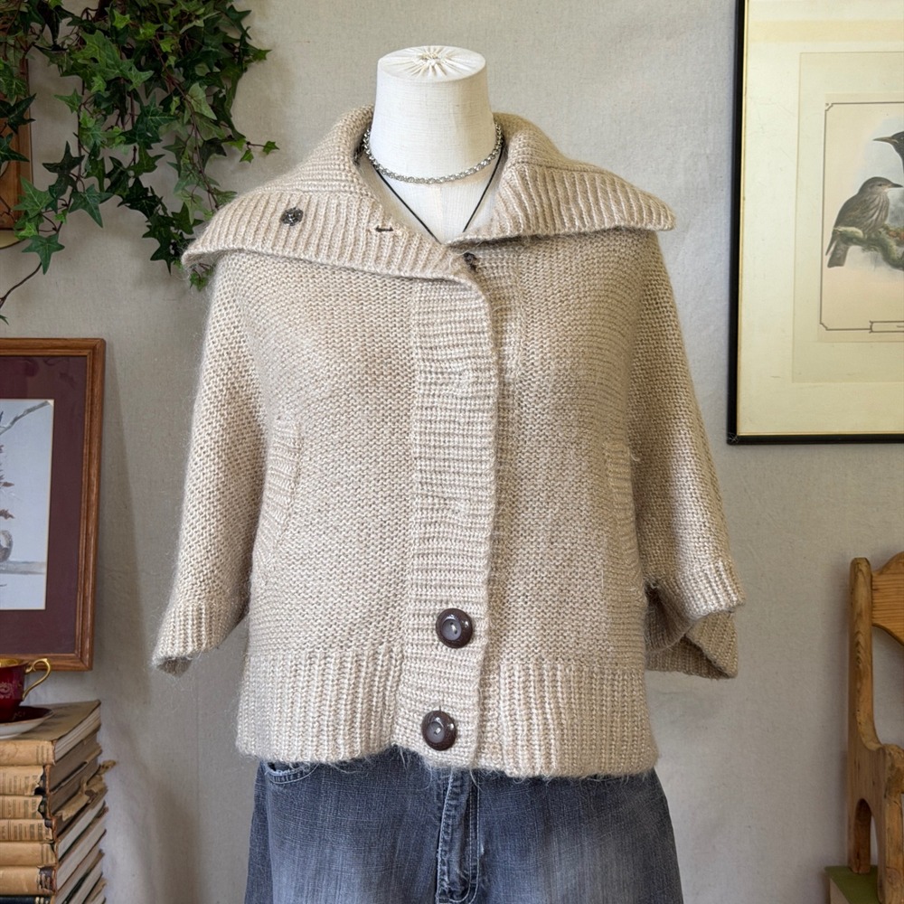 Tan Mohair Blend Chunky Knit Cape Cardigan Sweater Small Twee Mori Girl 2000s